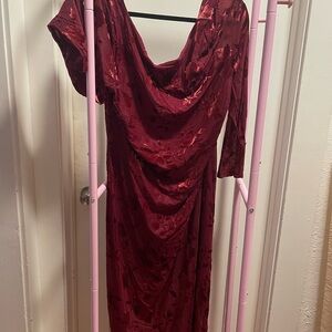 Eloquii Wine-Red Satin Draped Long Sleeve Dress